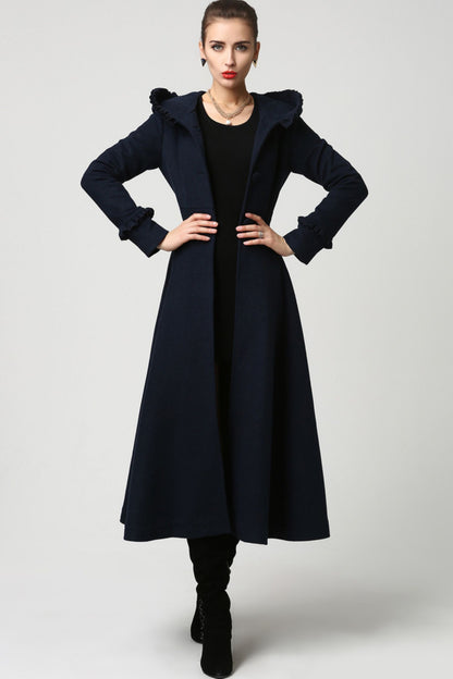Navy Hooded Wool Maxi Coat – Ruffle Trim Fit & Flare Winter Coat | Xiaolizi 1102