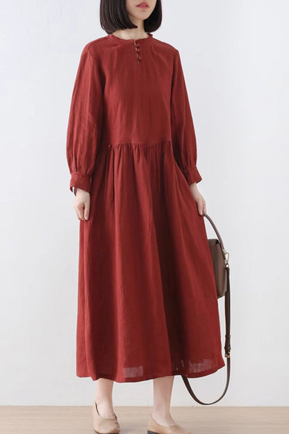 Rust Linen Midi Dress - Loose Fit with Pockets 4827