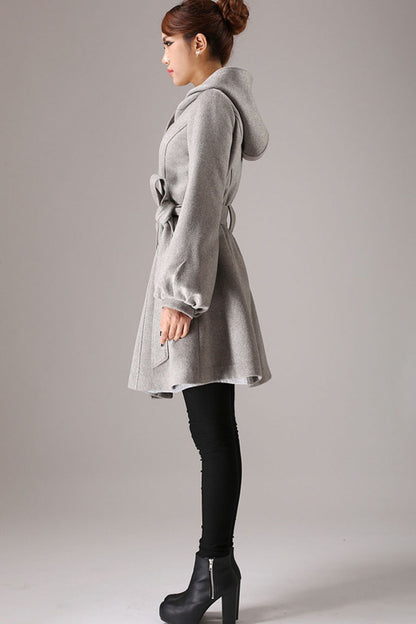 Gray Wool Coat with Lantern Sleeves - Hooded, Self Tie Belt Waist 759