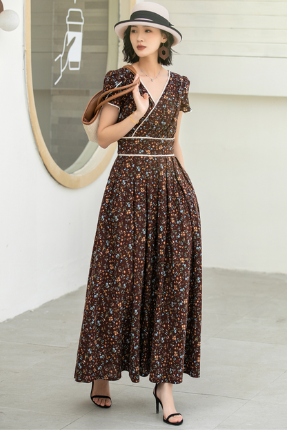 Vintage Floral Linen Cotton Maxi Dress – Women’s Puff Sleeve Wedding & Prom Dress 5833