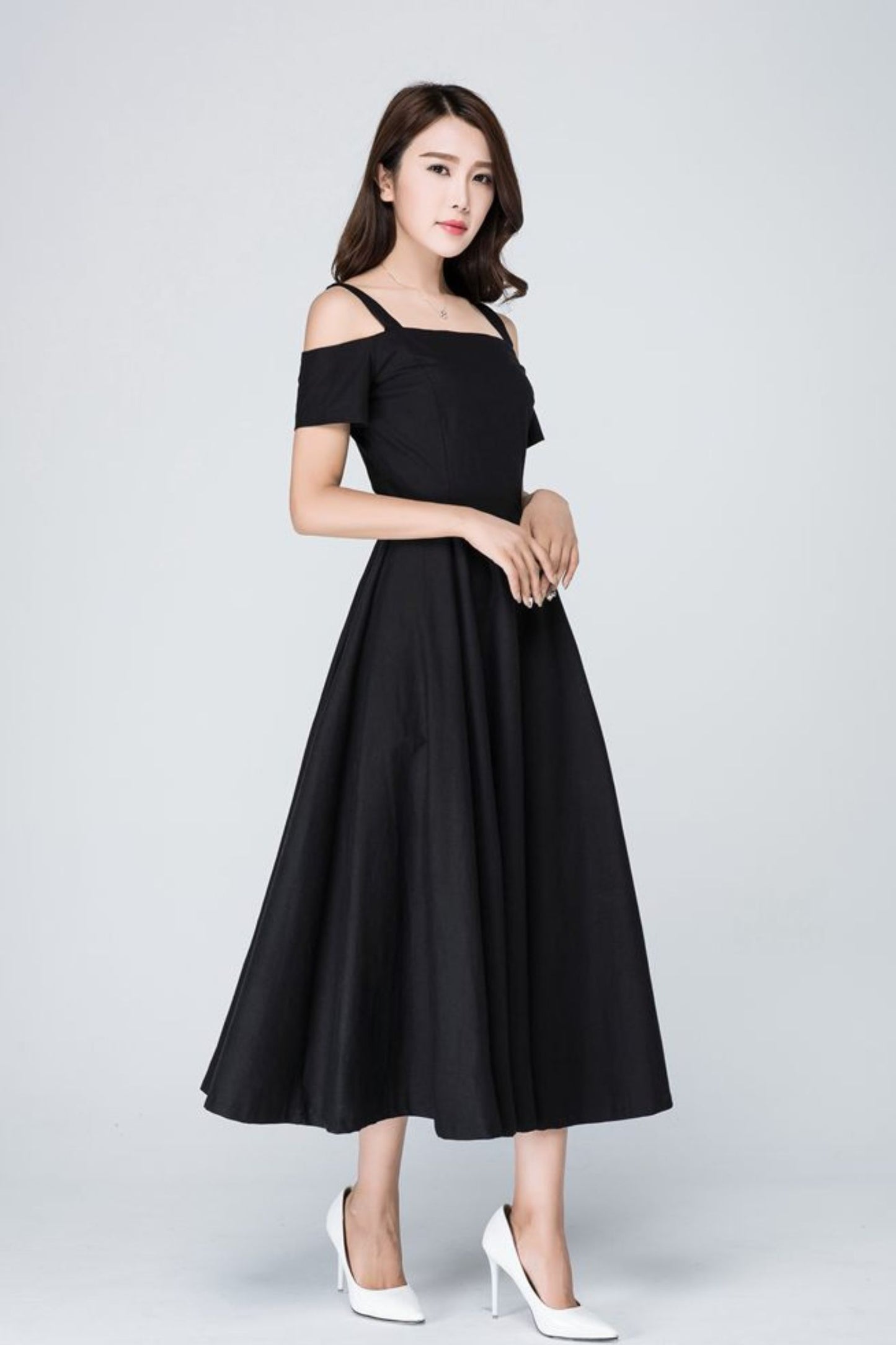 Vintage Off shoulder black linen Maxi dress 1576