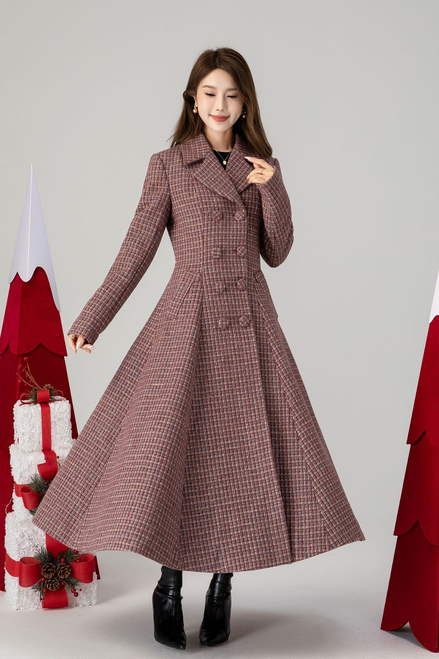 Vintage inspired plaid long wool coat 4614