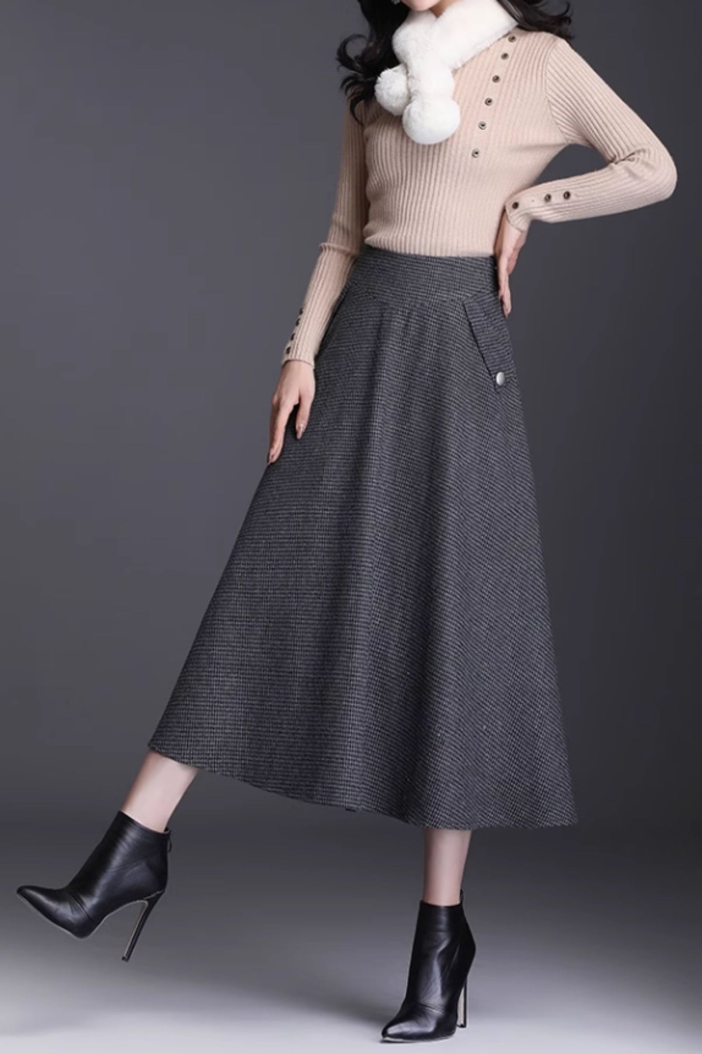 Black & Gray Wool A-Line Midi Skirt - High Waist, Pockets 6133