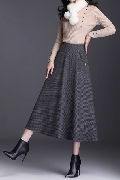 Black & Gray Wool A-Line Midi Skirt - High Waist, Pockets 6133
