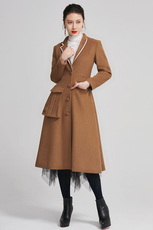 Women's Brown Wool Coat - Midi Length Winter Coat with Lapel Collar 5613