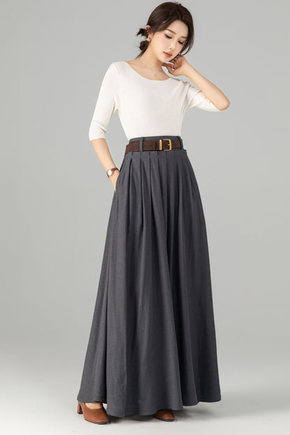 Dark Grey Linen Cotton Maxi Skirt - Pleated Waist with Side Pockets 5701