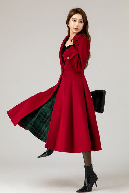 Red Wool Princess Coat - Fitted Waist, Flared Silhouette 5480