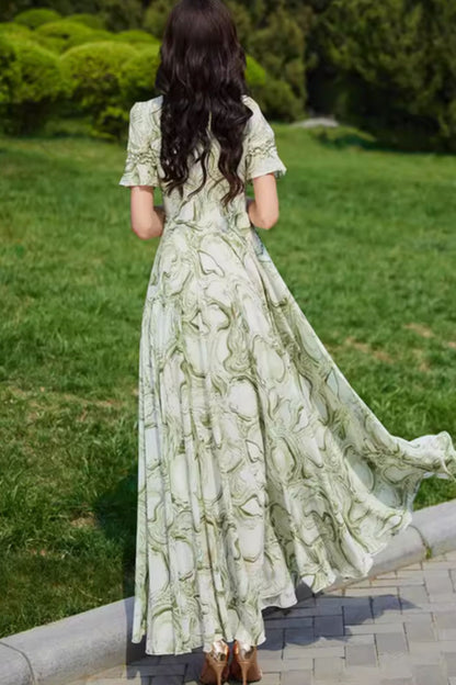 Green Chiffon Maxi Dress - V-Neck, Fitted Waist, Flowing Silhouette 5038