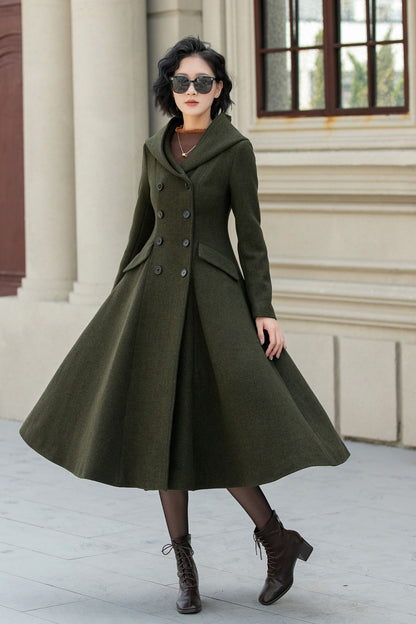 British Vintage Military Style Hooded Wool Coat for Women – Army Green Winter Overcoat 5461