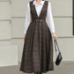 Brown Plaid Wool Midi Dress – Vintage Sleeveless Pinafore Swing Dress 6417