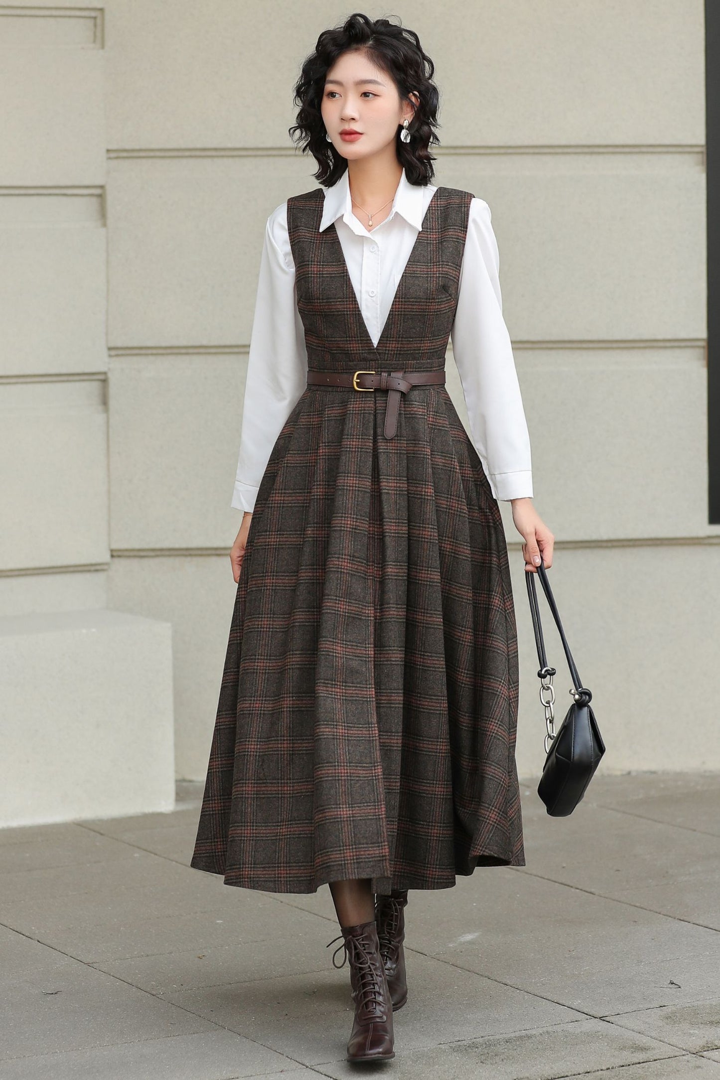 Brown Plaid Wool Midi Dress – Vintage Sleeveless Pinafore Swing Dress 6417