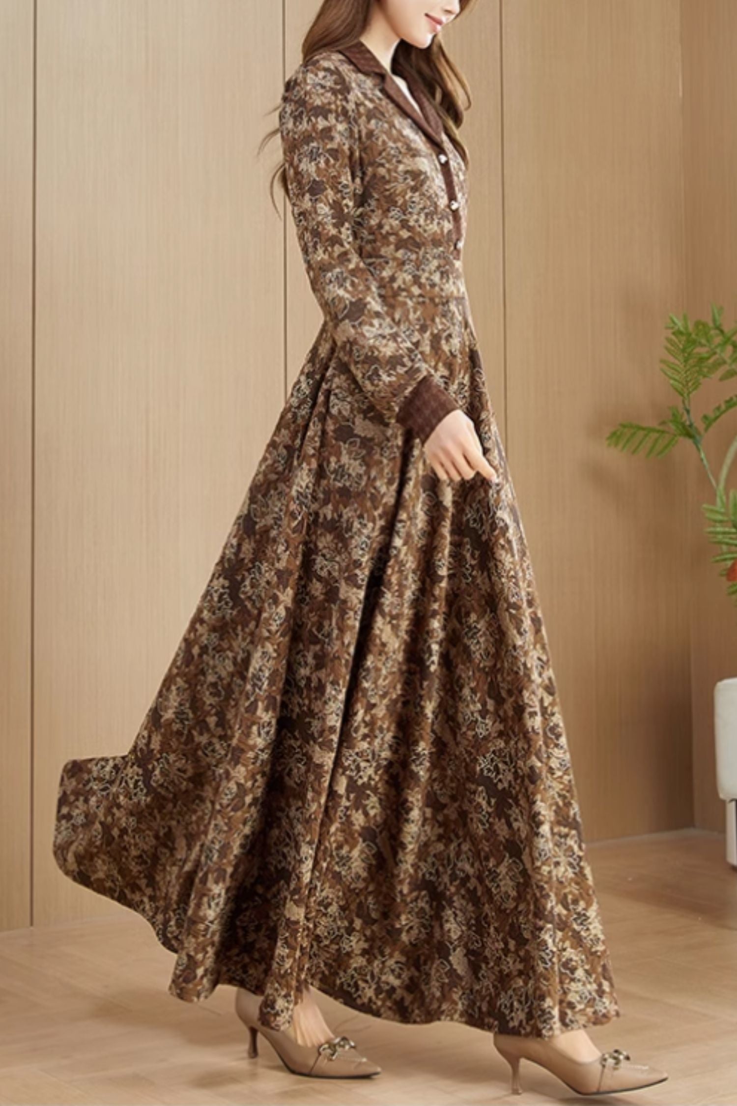 Fit and flare maxi floral dresses 5548 - brown / XS Fit and flare maxi floral dresses 5548 - brown / XS