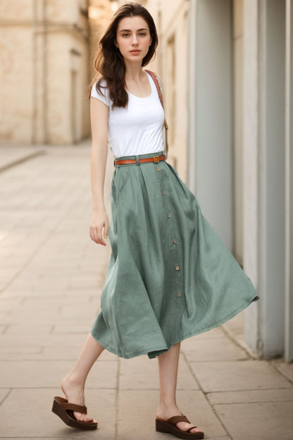 Green Linen Midi Skirt - A-Line Button Front | Xiaolizi 5135
