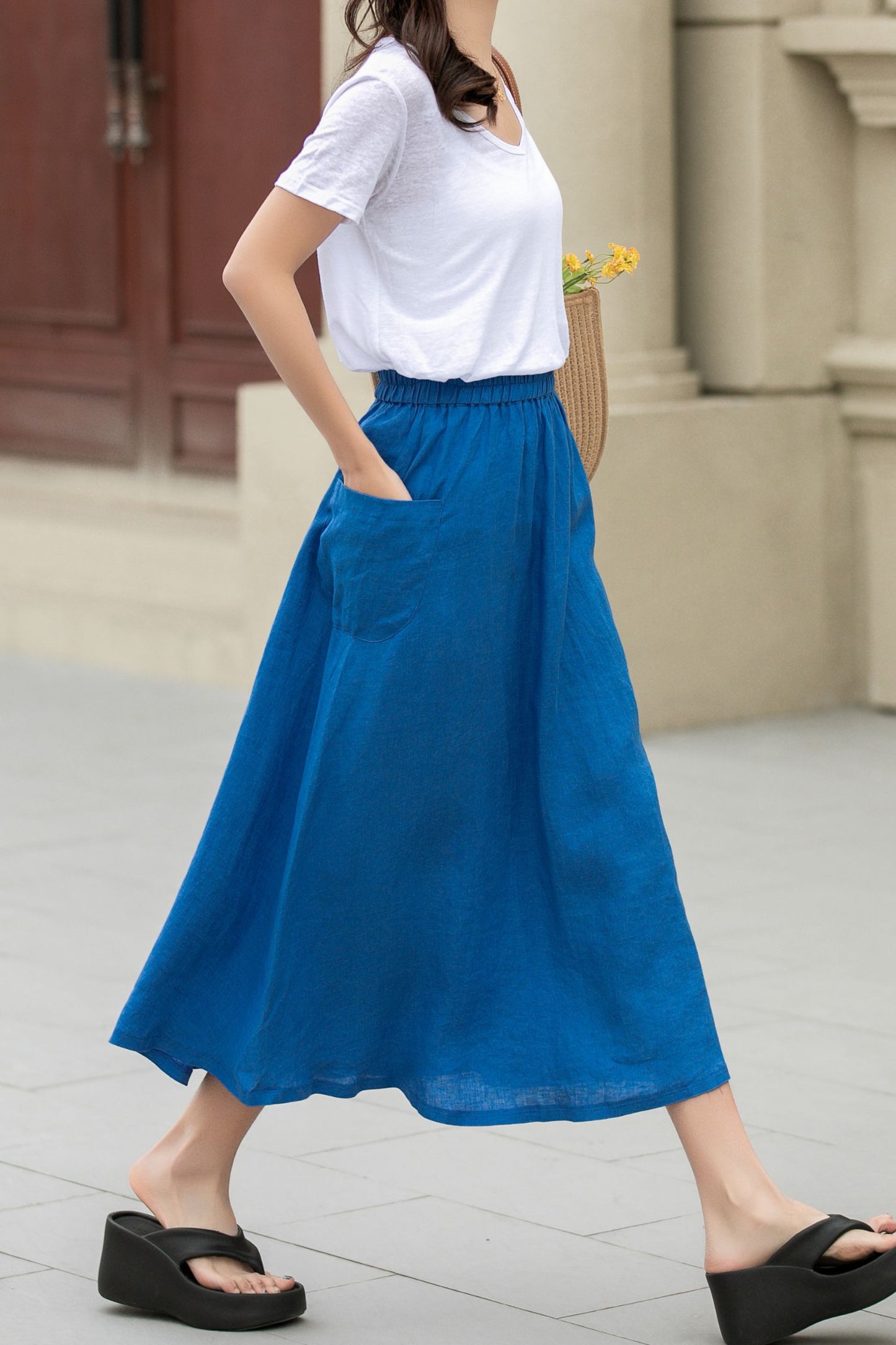 A line blue summer midi skirt with pockets 4956