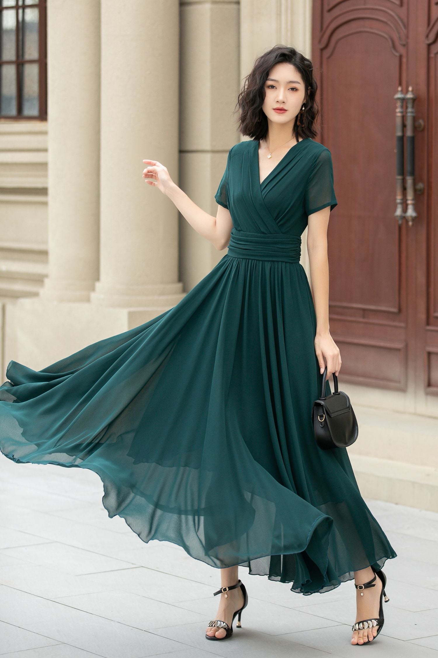 Dark Green Chiffon Maxi Dress V Neck Swing Party Elegance 5114 Emerald Green / S Dark Green Chiffon Maxi Dress V Neck Swing Party Elegance 5114 Emerald Green / S