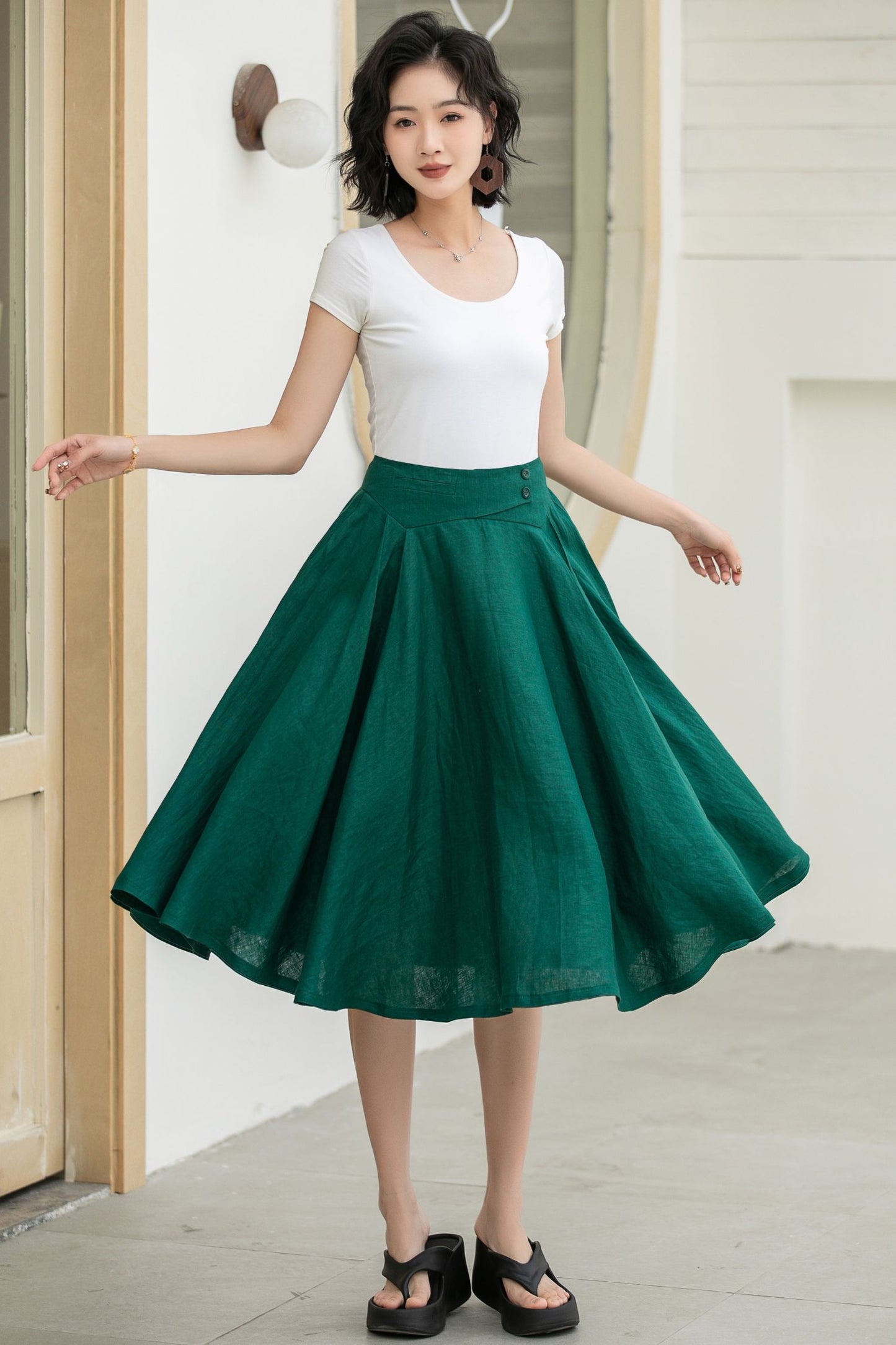 Classic Dark Green Linen Midi Skirt – High-Waisted A-Line Flare – 5834
