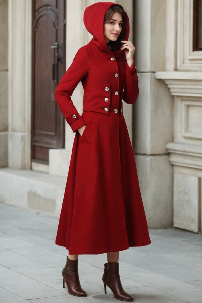 Womens Long Red Wool Coat with Hood 1107#