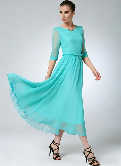 Blue Chiffon Midi Dress – Ruffle Waist Elegance | Xiaolizi 6783