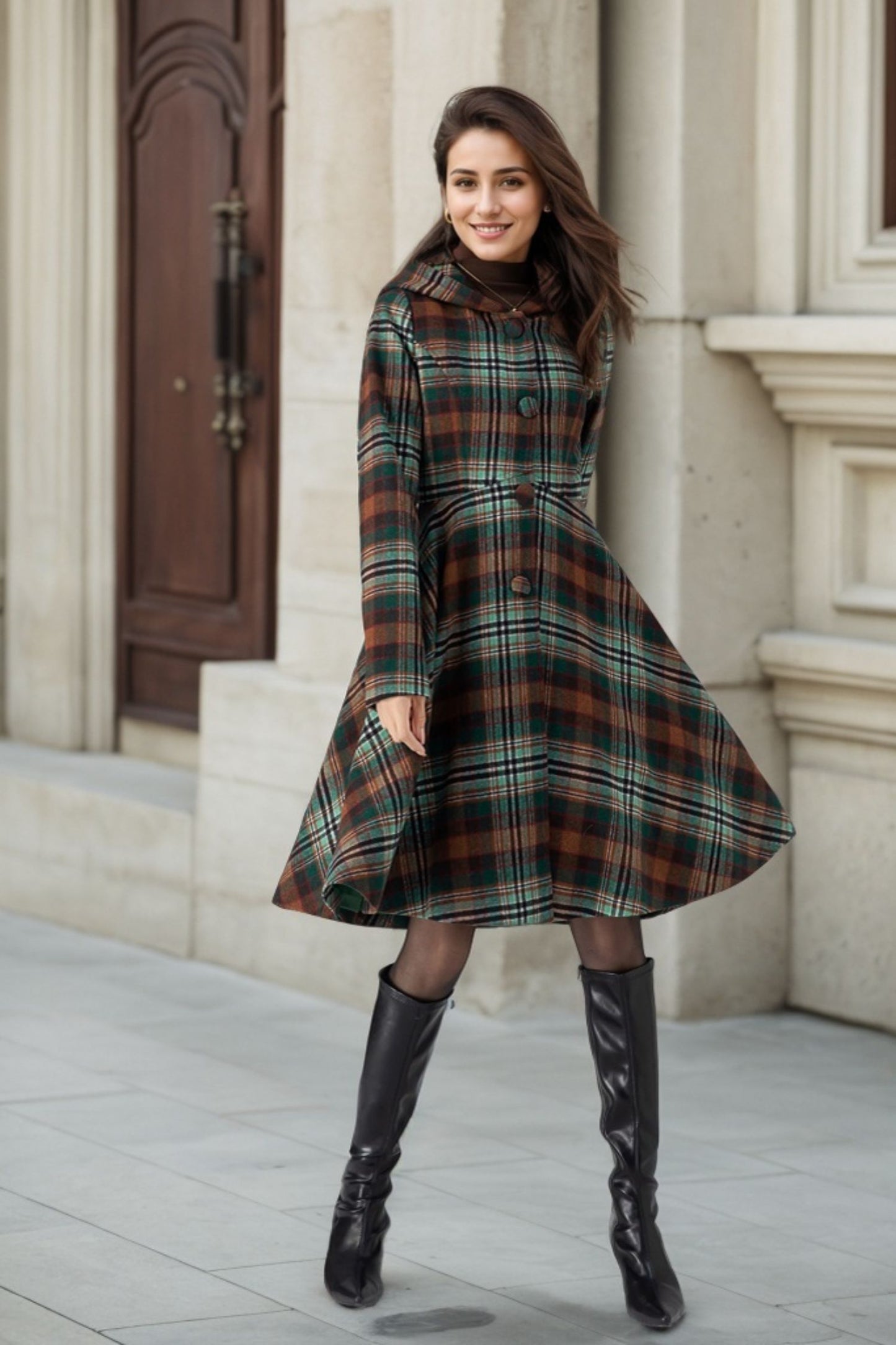 Hooded midi plaid winter wool coat women 4784