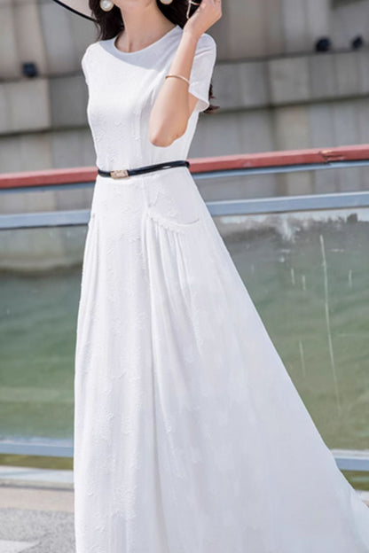 White Polyester Maxi Dress - Fitted Waist with Pockets 5034