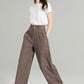 Brown wide leg long linen pants for women 4965