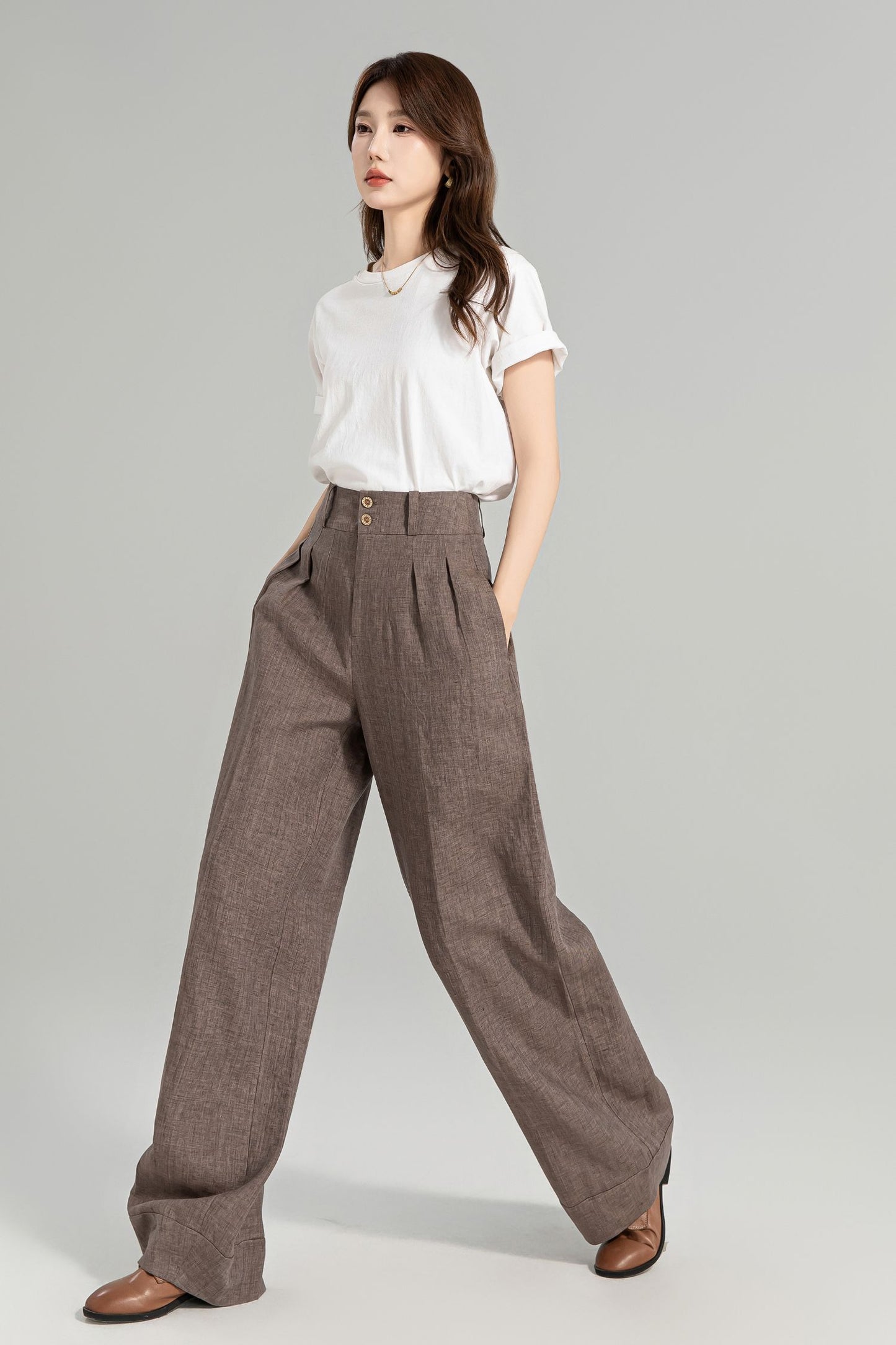 Brown wide leg long linen pants for women 4965