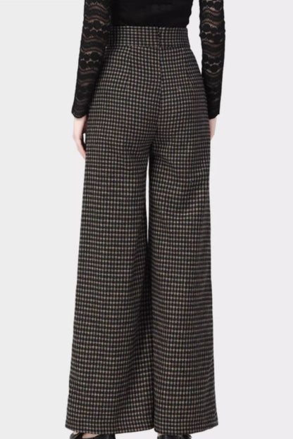 Plaid Wool Wide Leg Pants - Maxi Length with Pockets 5418