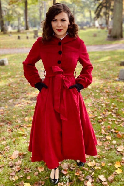 Red Wool Blend Hooded Coat - Fit-and-Flare with Tie Belt Waist 3225