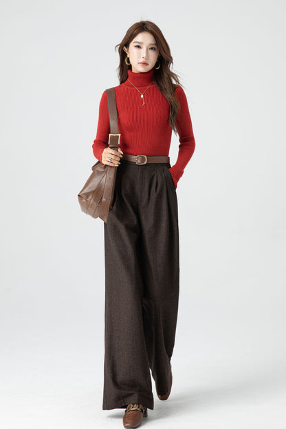 Brown Wool Wide Leg Pants - Soft Lined Winter Essential 5318