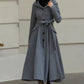 Hooded tie belt gray long winter wool coat 6535