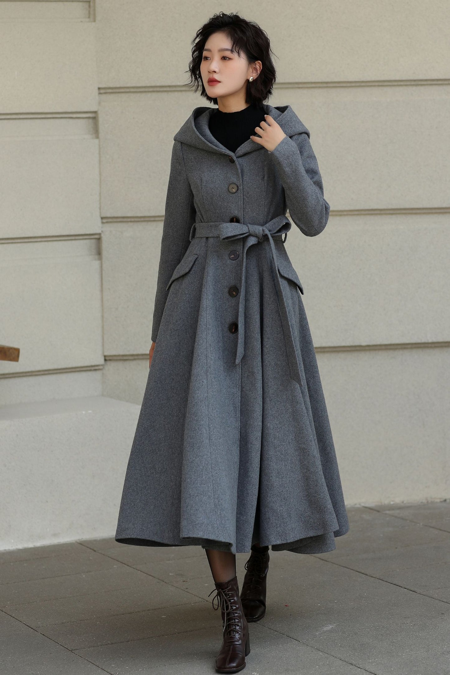 Hooded tie belt gray long winter wool coat 6535