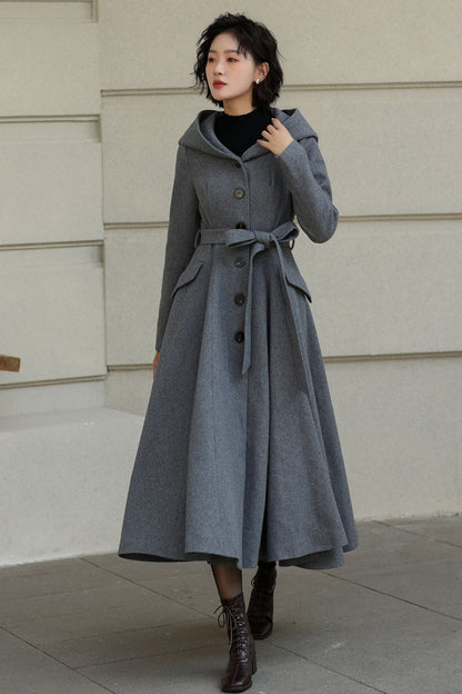 Gray Wool Long Coat - Hooded, Tie Belt, Fitted Waist 6535