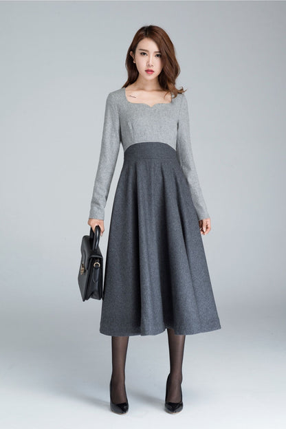 Gray Wool Midi Dress - A-Line Square Neck | Xiaolizi 1615