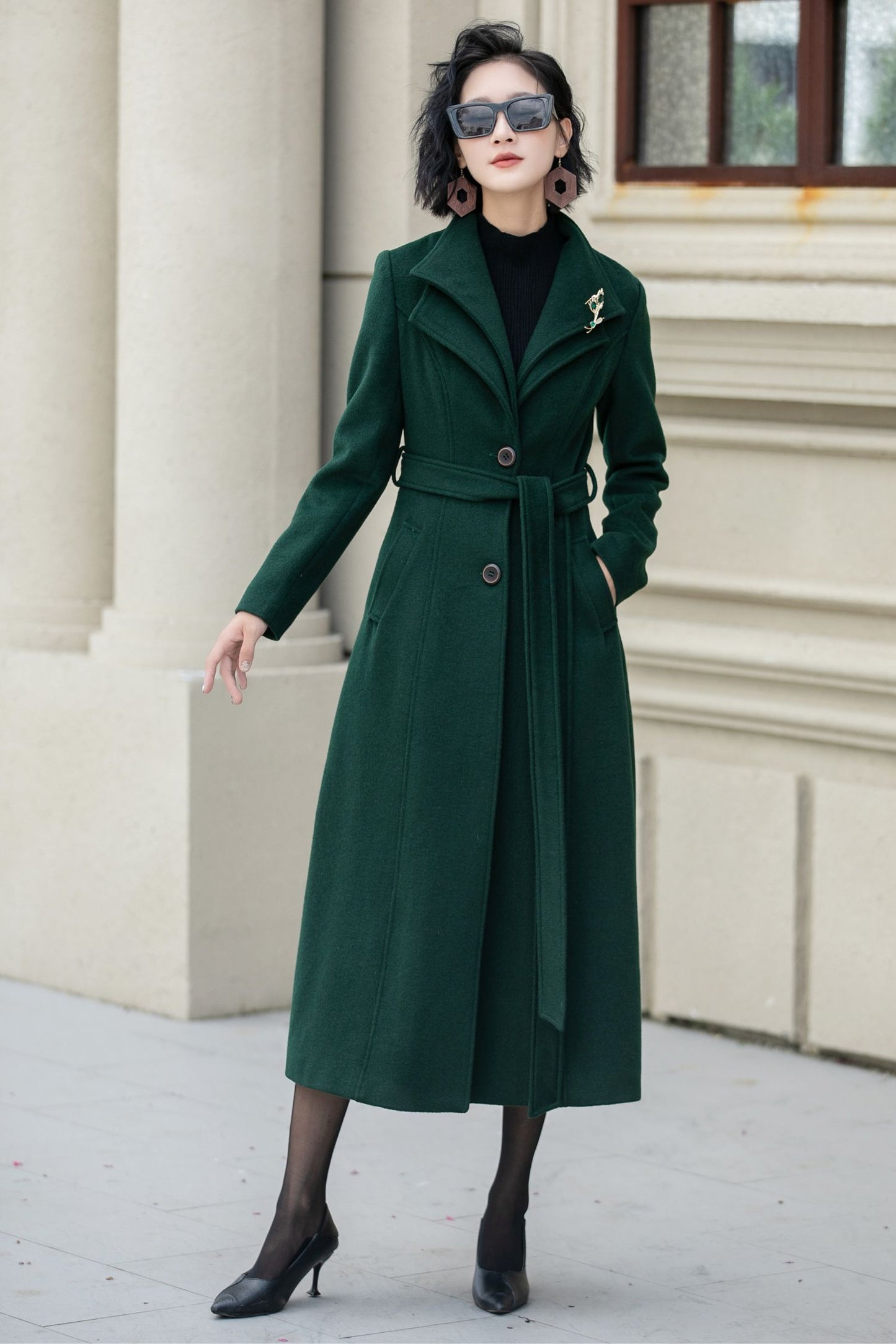 Green long wool trench coat women 5350