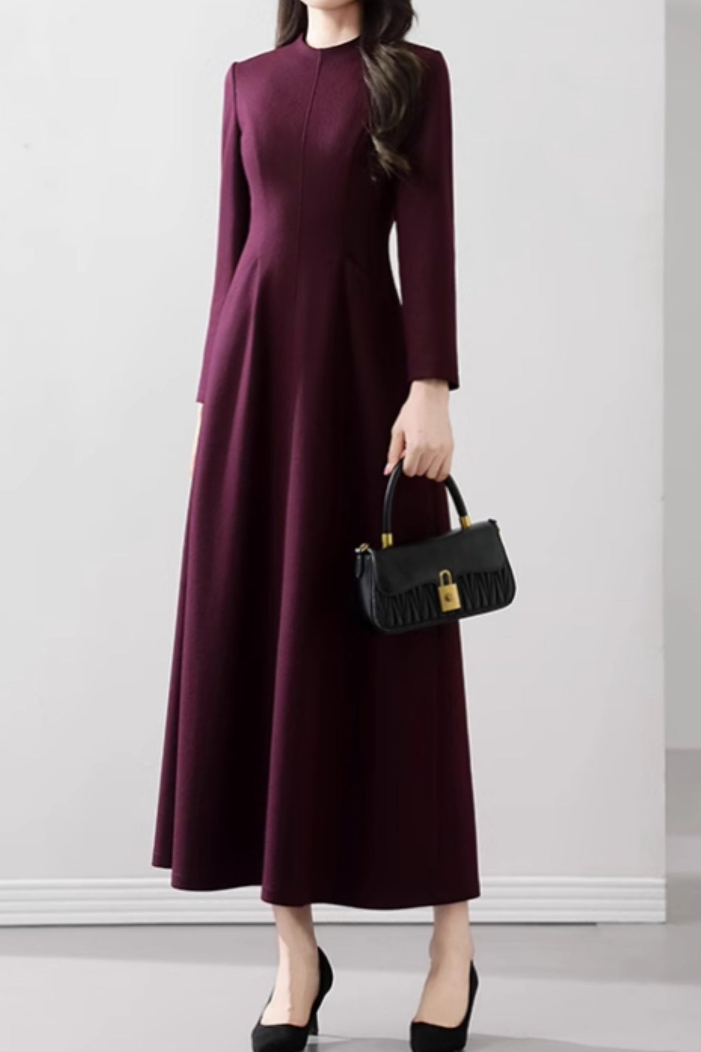 Dark purple maxi long wool dress women 5537