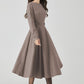 Brown Wool Dress – Handmade Fit & Flare Long Sleeve Midi | Xiaolizi 5444