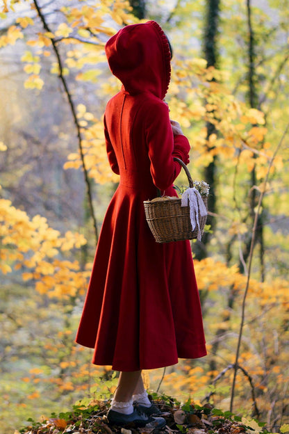 Elegant Red Wool Blend Hooded Winter Coat – Flared Midi Silhouette | Xiaolizi Outerwear 2497