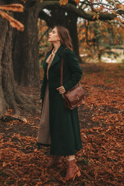Army Green Wool Maxi Coat - Pleated Flare Double Breasted 3160