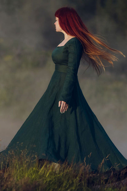 Green Long sleeve green Linen Dress 3738