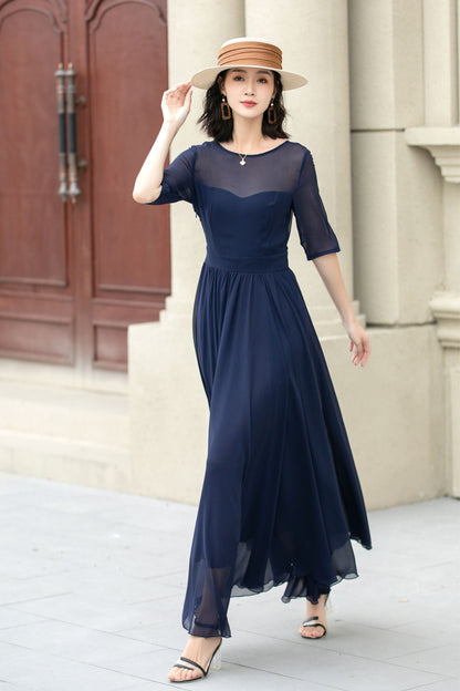 Fit and Flare Dark Blue Chiffon dress 5143
