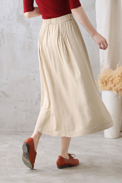 Khaki Cotton Linen Midi Skirt - Pleated Waist, High Rise 2773