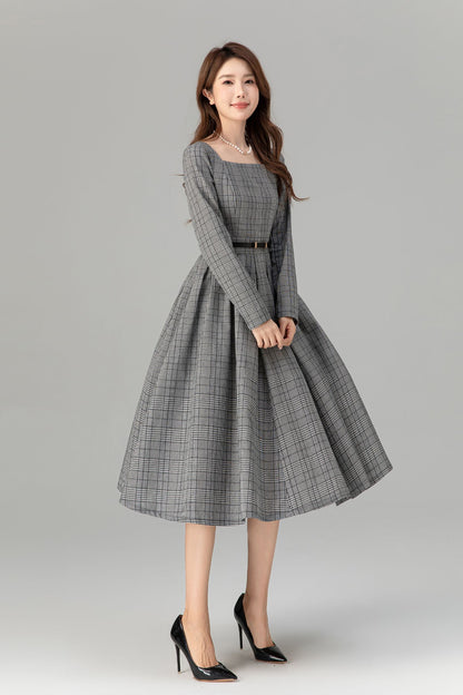 Plaid Linen Midi Dress - Swing Silhouette with Long Sleeves 4935