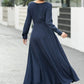 Navy Blue Linen Maxi Dress – Vintage Fit and Flare Long Sleeve Dress 6660