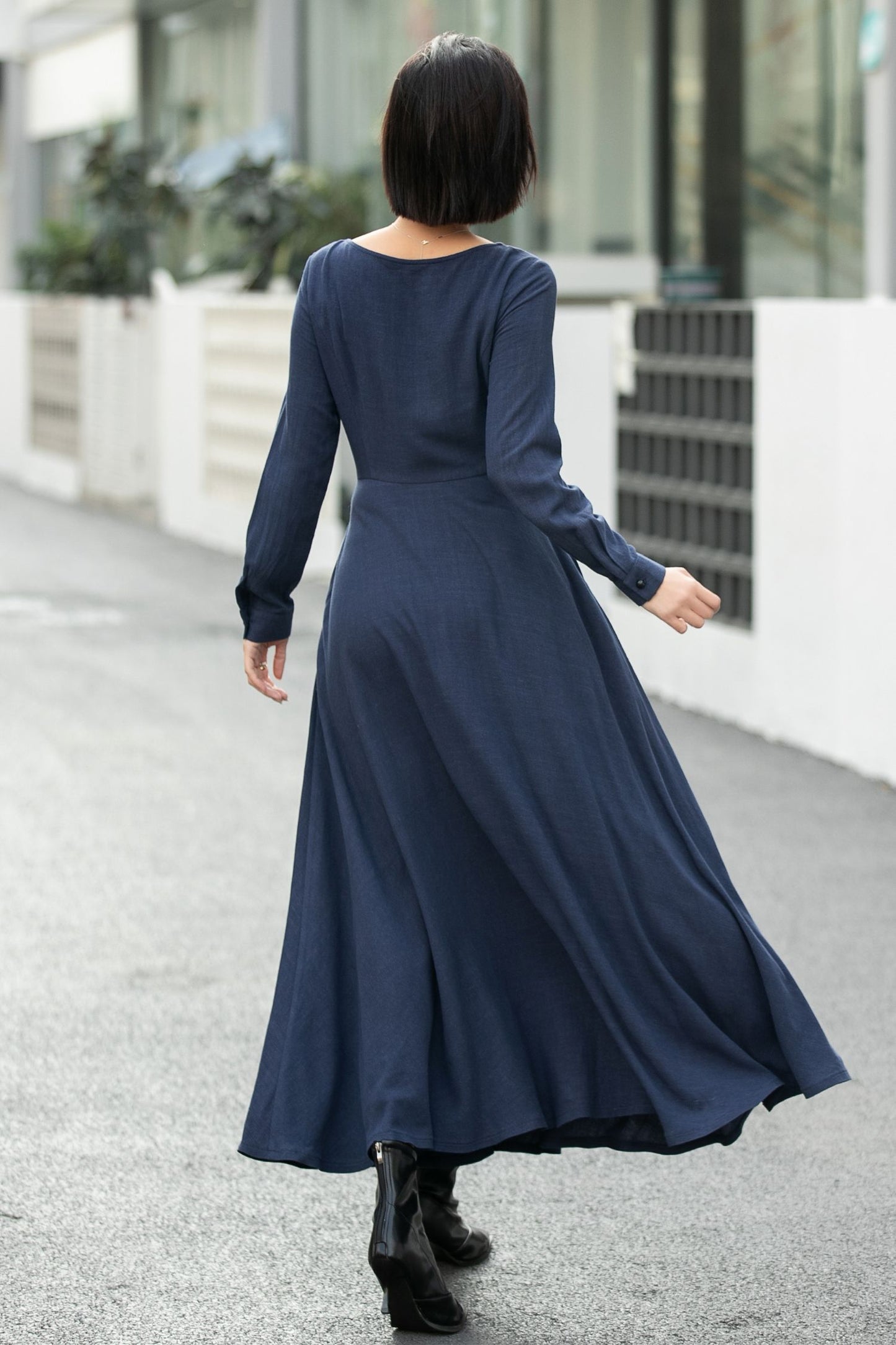 Navy Blue Linen Maxi Dress – Vintage Fit and Flare Long Sleeve Dress 6660