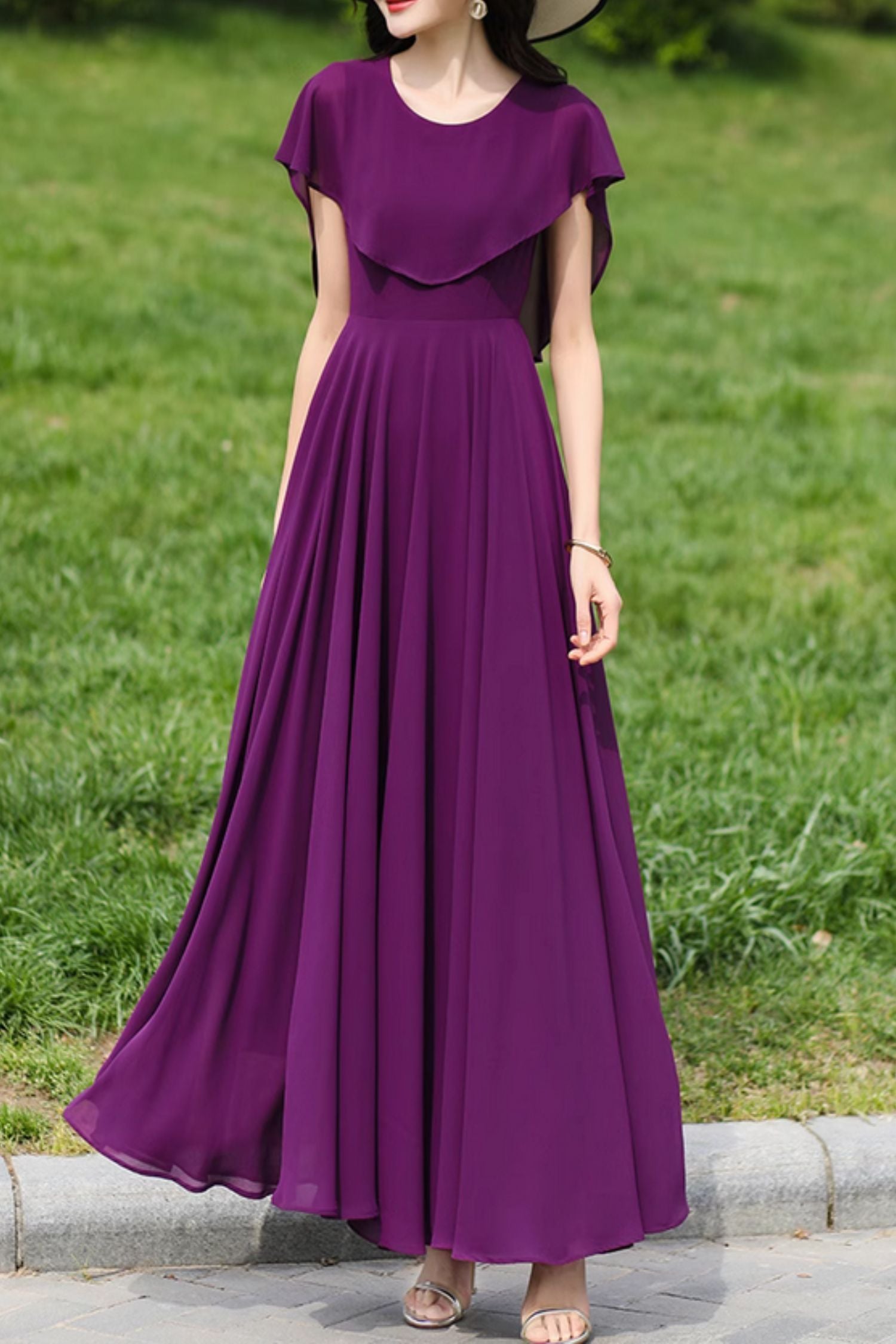 Prom Purple Chiffon Dress with Cape 4982 Purple / L Prom Purple Chiffon Dress with Cape 4982 Purple / L