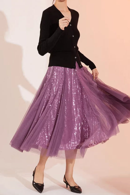 Black Wool A-Line Midi Lace Skirt - Elegant Elastic Waist 5585