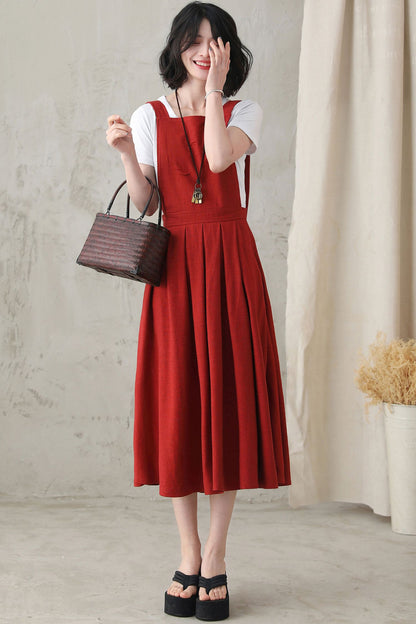 Red Linen Midi Pinafore Dress - Pleated Swing, Square Neckline 2823