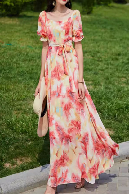 Flower printed long prom summer beach dress 5037