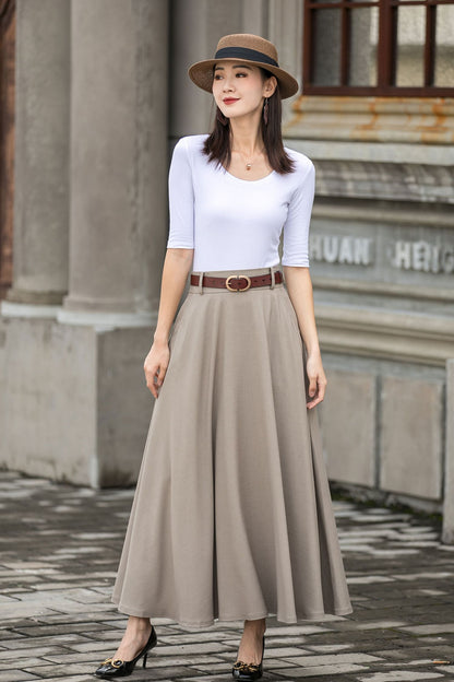 Khaki Cotton Linen Maxi Skirt – Vintage High Waist Long Skirt with Pockets 2783