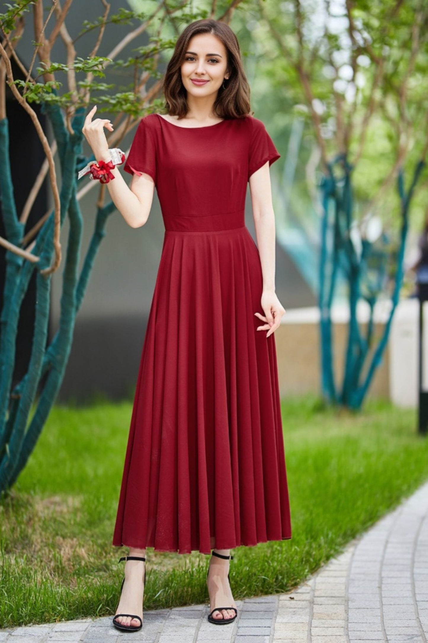 Burgundy Chiffon Maxi Dress - Flowy A-Line with Boat Neckline 5823